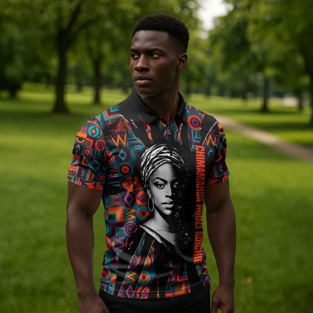 Chimamanda Ngozi Adichie Zipper Polo Shirt with Monochrome Portrait, The Danger of a Single Story Quote - Wonder Print Shop