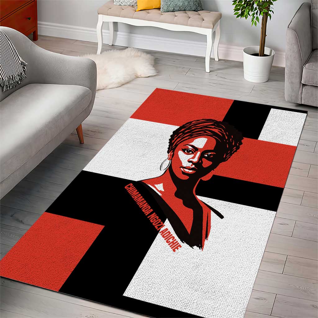 Chimamanda Ngozi Adichie Area Rug with Bold Red Portrait, We Should All Be Feminists Quote - Wonder Print Shop