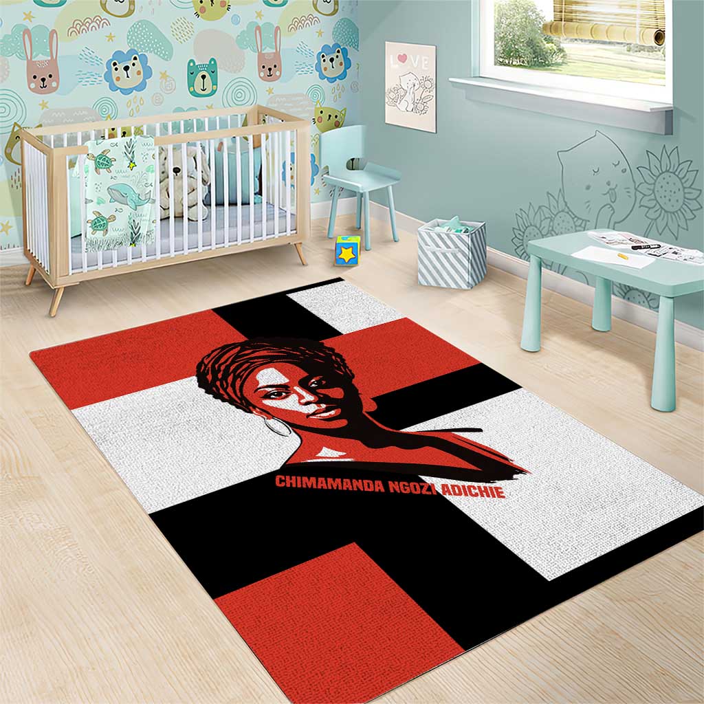 Chimamanda Ngozi Adichie Area Rug with Bold Red Portrait, We Should All Be Feminists Quote - Wonder Print Shop