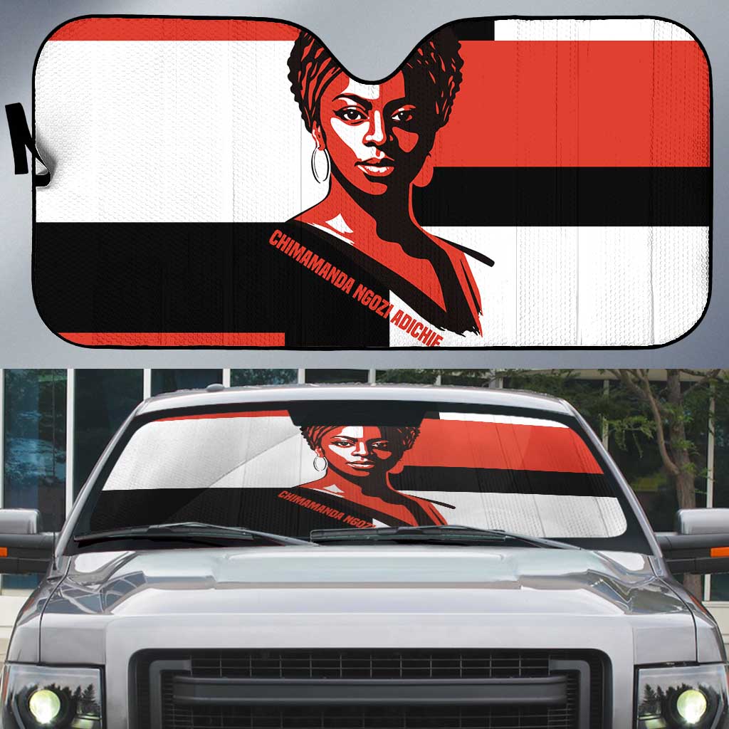 Chimamanda Ngozi Adichie Auto Sun Shade with Bold Red Portrait, We Should All Be Feminists Quote - Wonder Print Shop