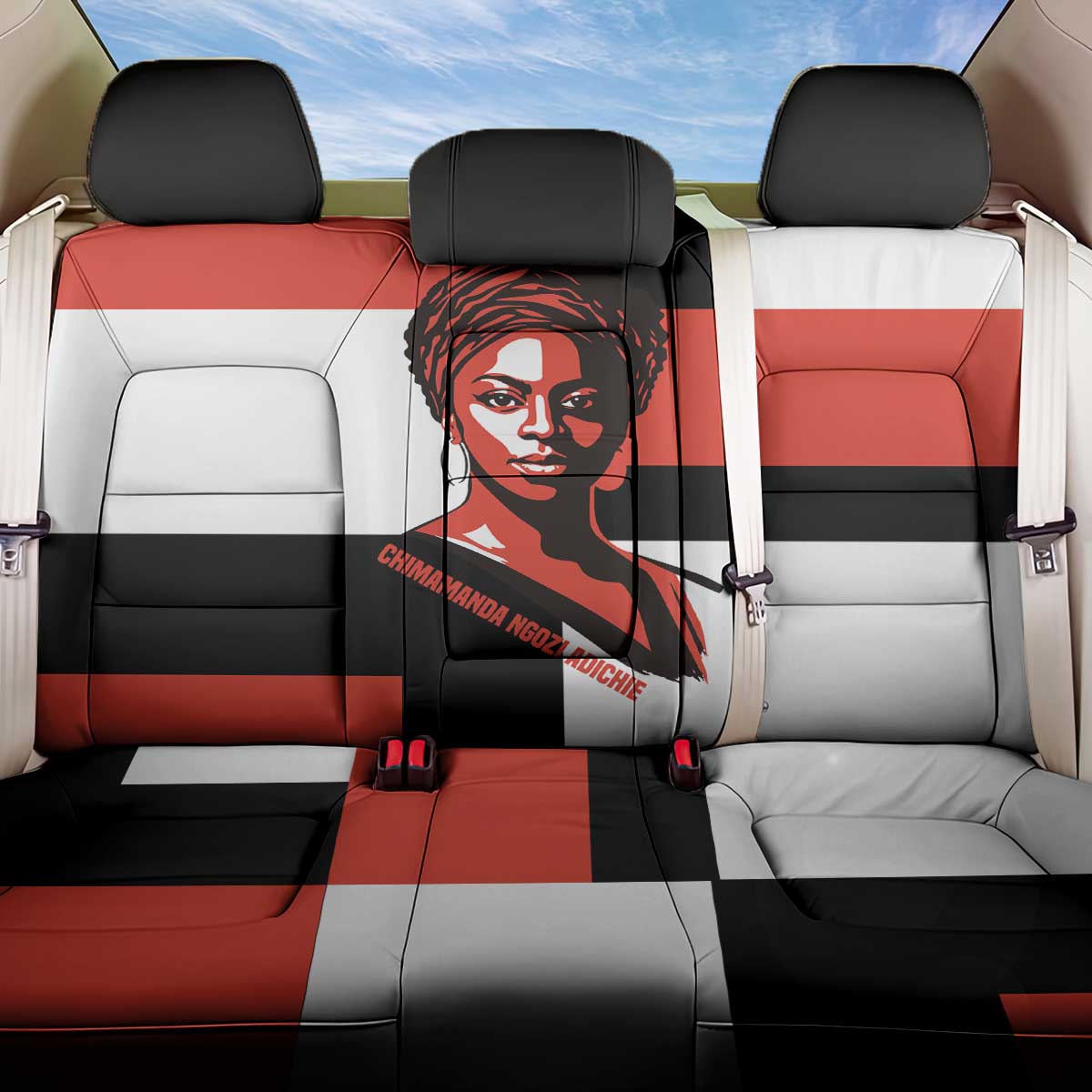 Chimamanda Ngozi Adichie Back Car Seat Cover with Bold Red Portrait, We Should All Be Feminists Quote - Wonder Print Shop