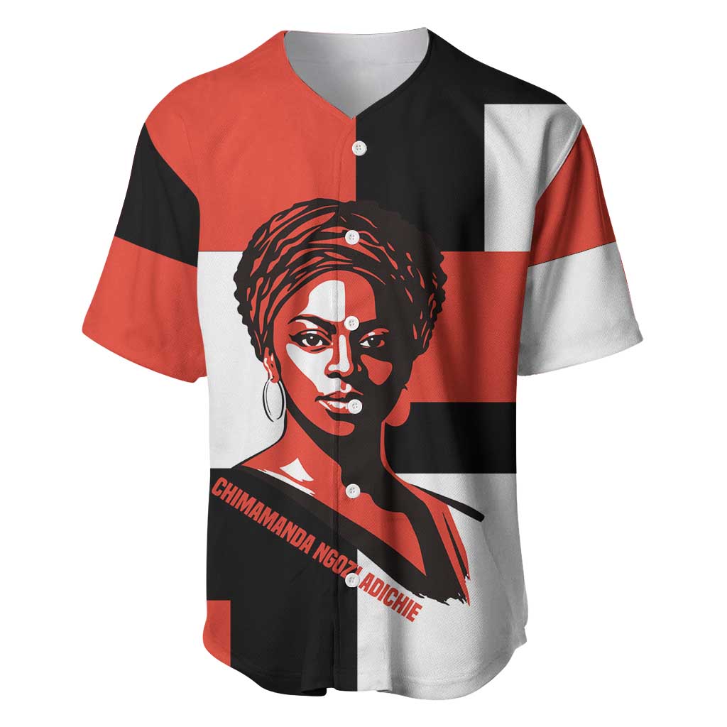 Chimamanda Ngozi Adichie Baseball Jersey with Bold Red Portrait, We Should All Be Feminists Quote - Wonder Print Shop