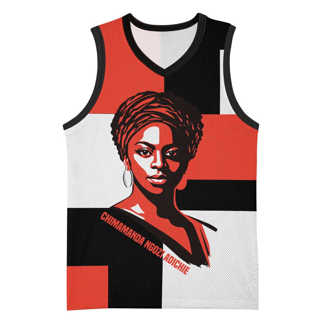 Chimamanda Ngozi Adichie Basketball Jersey with Bold Red Portrait, We Should All Be Feminists Quote - Wonder Print Shop