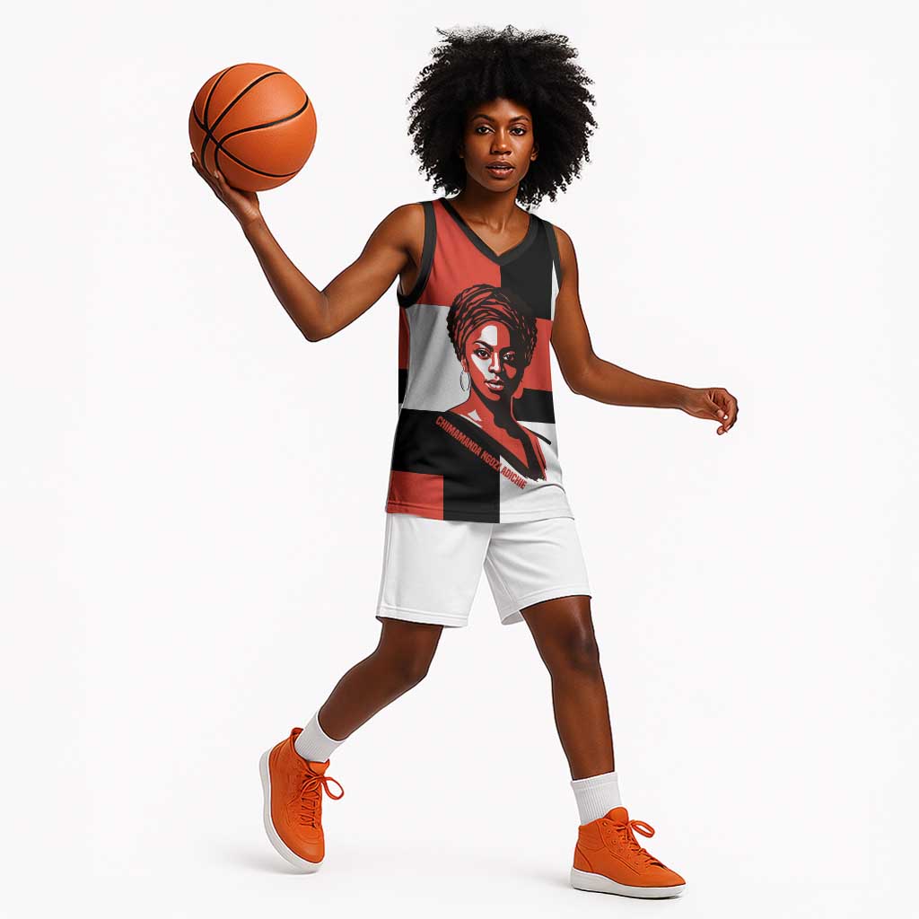 Chimamanda Ngozi Adichie Basketball Jersey with Bold Red Portrait, We Should All Be Feminists Quote - Wonder Print Shop