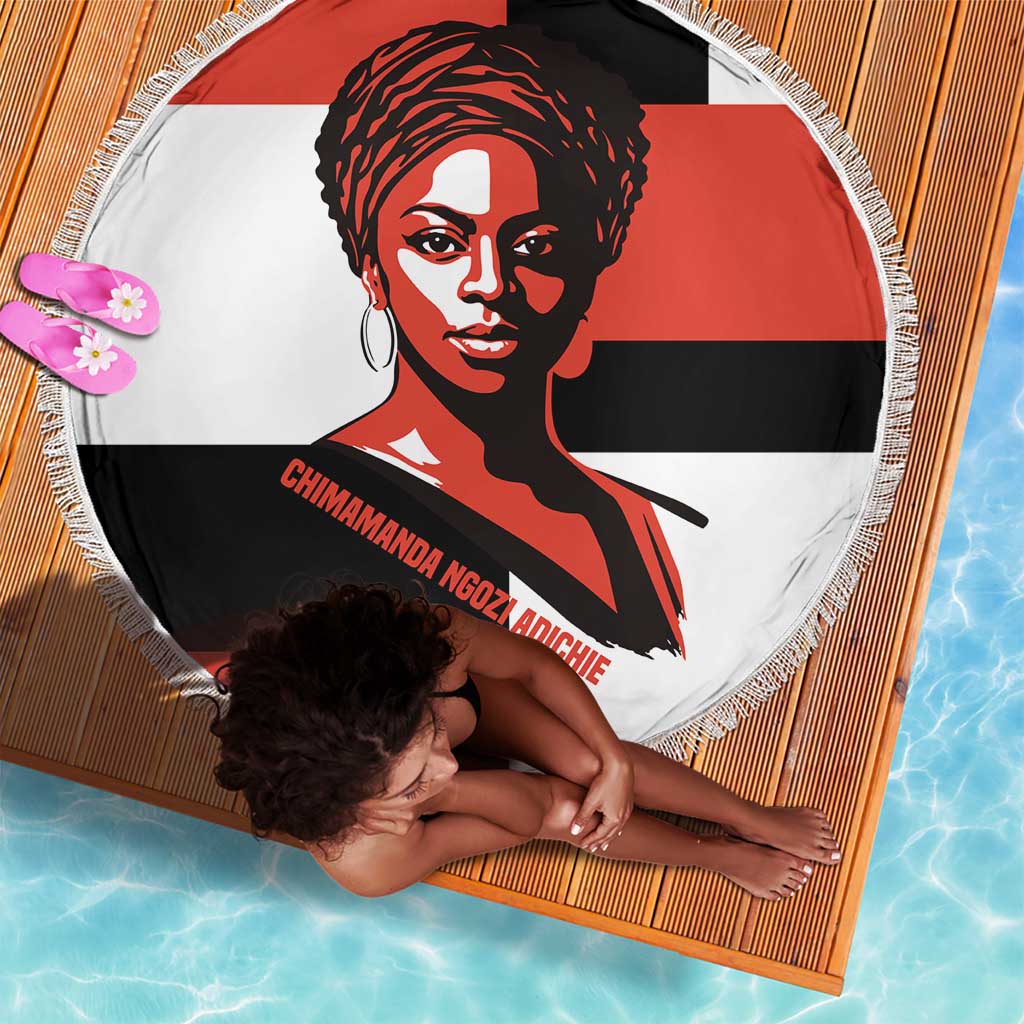 Chimamanda Ngozi Adichie Beach Blanket with Bold Red Portrait, We Should All Be Feminists Quote - Wonder Print Shop