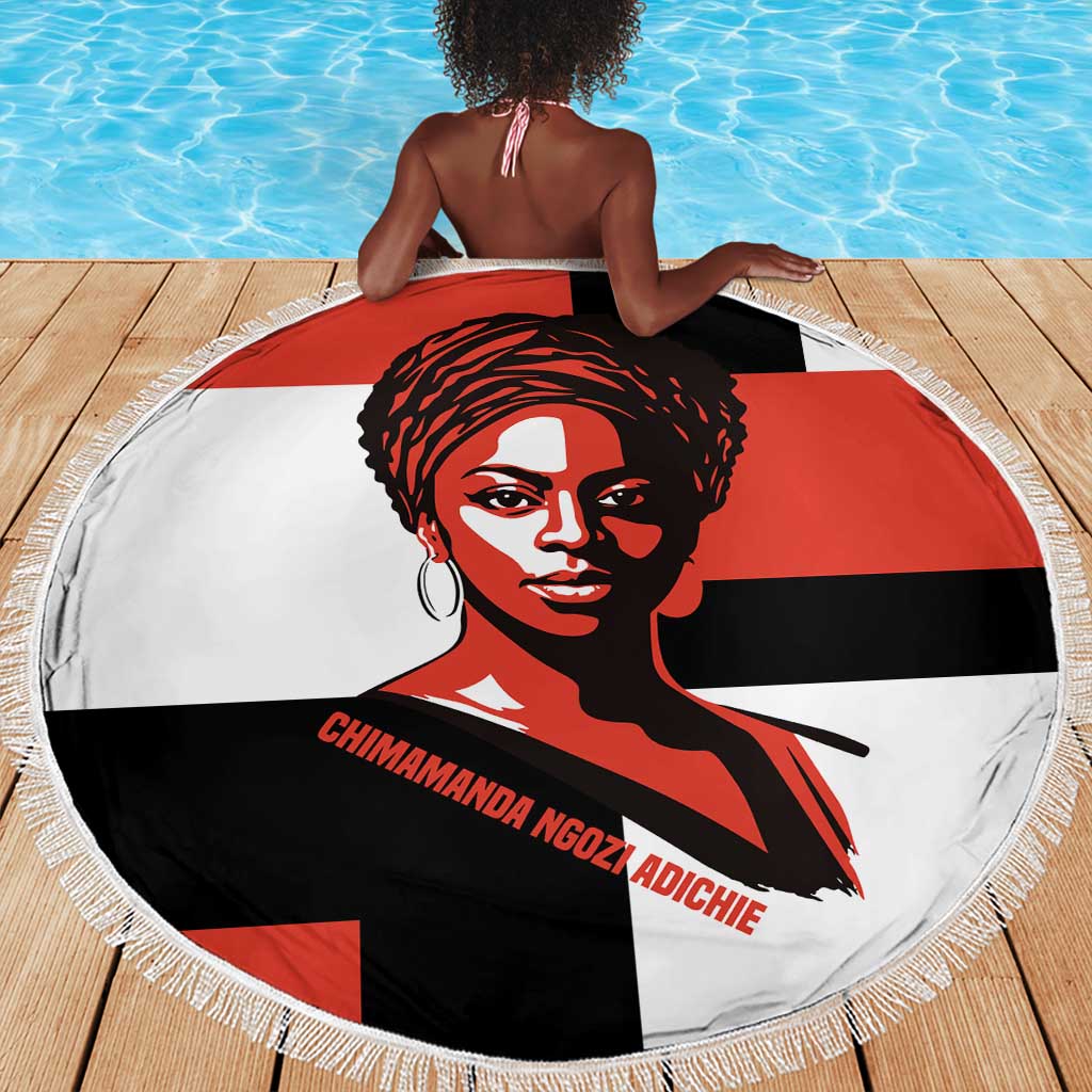 Chimamanda Ngozi Adichie Beach Blanket with Bold Red Portrait, We Should All Be Feminists Quote - Wonder Print Shop