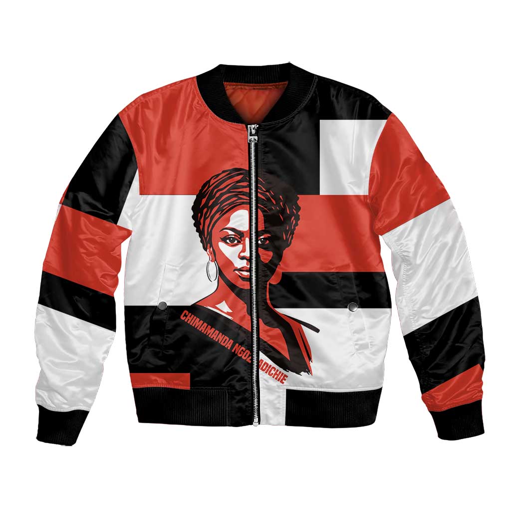 Chimamanda Ngozi Adichie Bomber Jacket with Bold Red Portrait, We Should All Be Feminists Quote - Wonder Print Shop