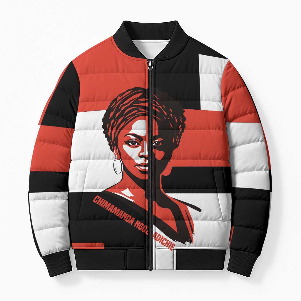 Chimamanda Ngozi Adichie Bomber Puffer Jacket with Bold Red Portrait, We Should All Be Feminists Quote - Wonder Print Shop