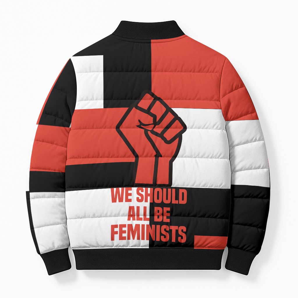 Chimamanda Ngozi Adichie Bomber Puffer Jacket with Bold Red Portrait, We Should All Be Feminists Quote - Wonder Print Shop