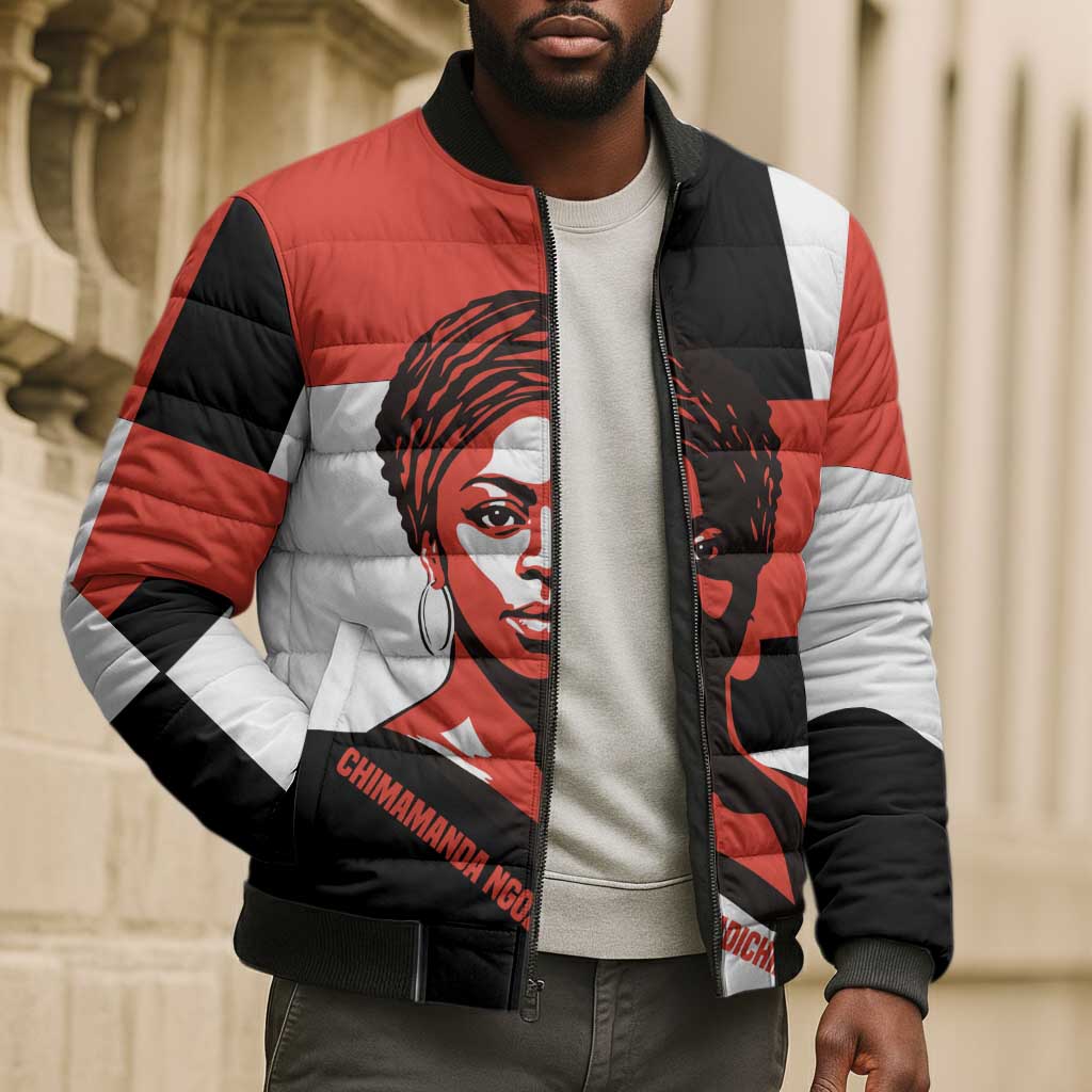Chimamanda Ngozi Adichie Bomber Puffer Jacket with Bold Red Portrait, We Should All Be Feminists Quote - Wonder Print Shop