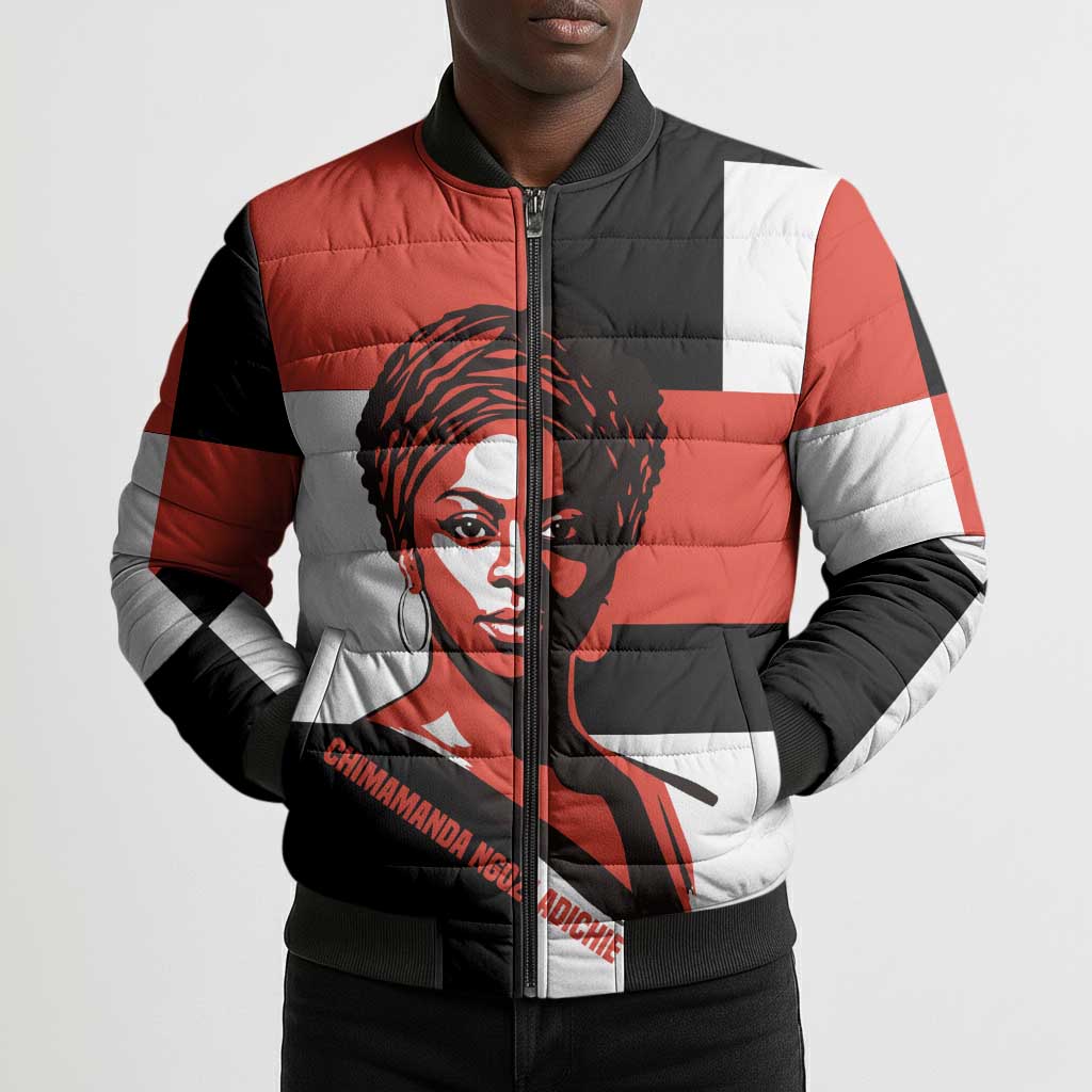 Chimamanda Ngozi Adichie Bomber Puffer Jacket with Bold Red Portrait, We Should All Be Feminists Quote - Wonder Print Shop