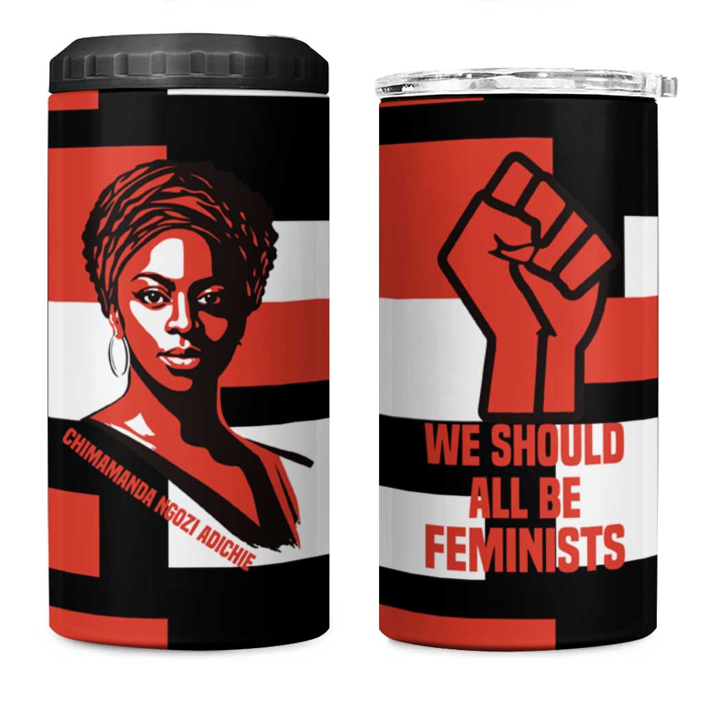 Chimamanda Ngozi Adichie 4 in 1 Can Cooler Tumbler with Bold Red Portrait, We Should All Be Feminists Quote - Wonder Print Shop