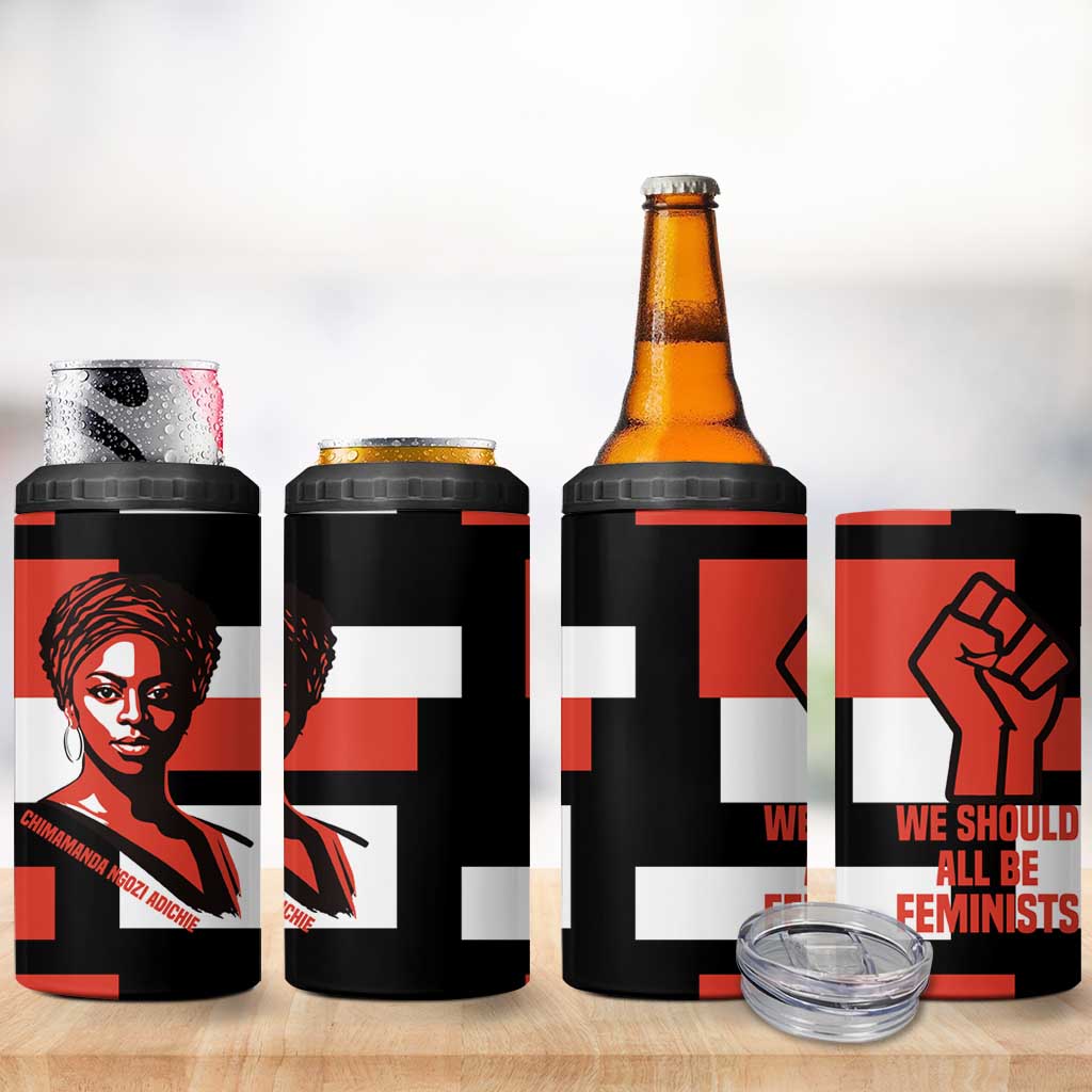 Chimamanda Ngozi Adichie 4 in 1 Can Cooler Tumbler with Bold Red Portrait, We Should All Be Feminists Quote - Wonder Print Shop