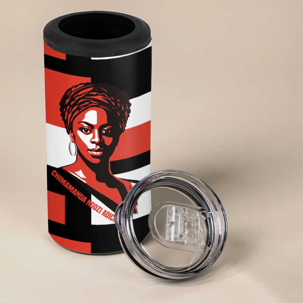 Chimamanda Ngozi Adichie 4 in 1 Can Cooler Tumbler with Bold Red Portrait, We Should All Be Feminists Quote - Wonder Print Shop