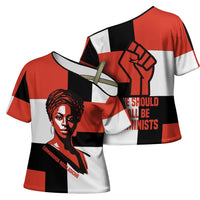 Chimamanda Ngozi Adichie Cross Shoulder Shirt with Bold Red Portrait, We Should All Be Feminists Quote - Wonder Print Shop