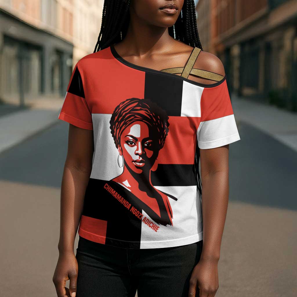 Chimamanda Ngozi Adichie Cross Shoulder Shirt with Bold Red Portrait, We Should All Be Feminists Quote - Wonder Print Shop