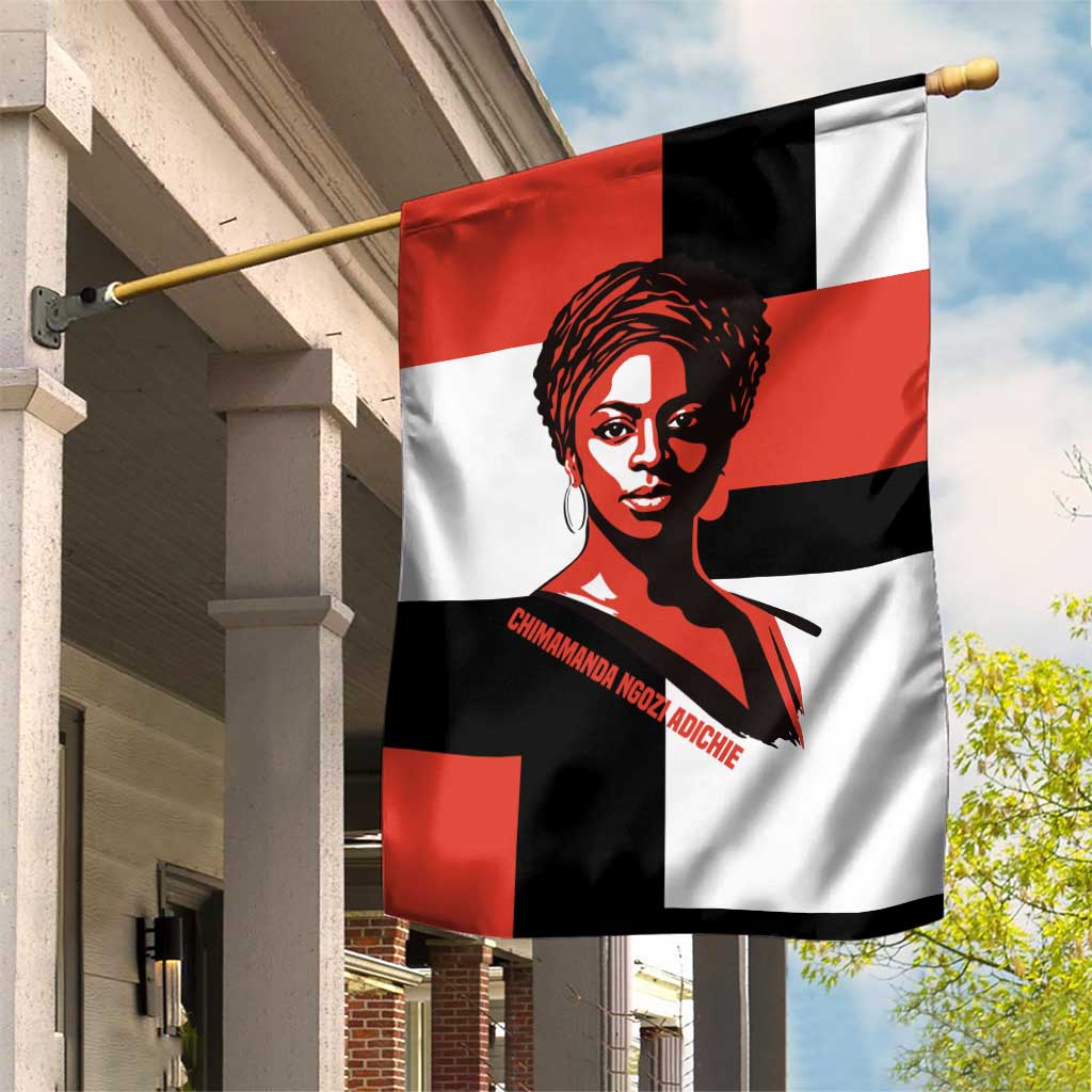 Chimamanda Ngozi Adichie Garden Flag with Bold Red Portrait, We Should All Be Feminists Quote - Wonder Print Shop