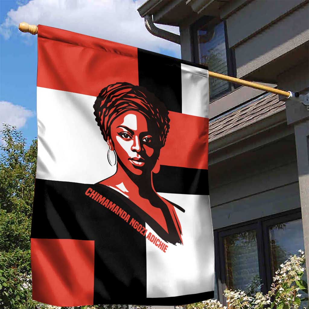Chimamanda Ngozi Adichie Garden Flag with Bold Red Portrait, We Should All Be Feminists Quote - Wonder Print Shop