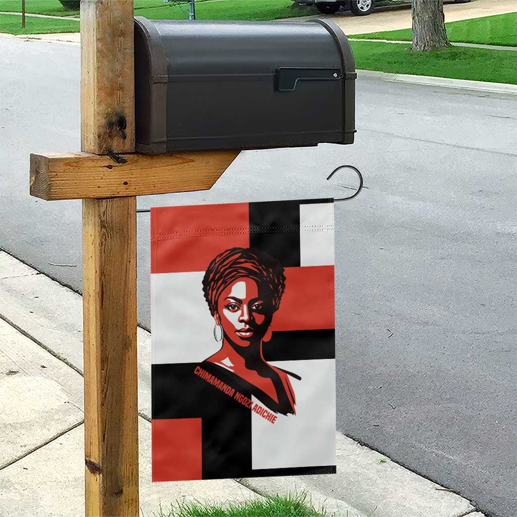 Chimamanda Ngozi Adichie Garden Flag with Bold Red Portrait, We Should All Be Feminists Quote - Wonder Print Shop