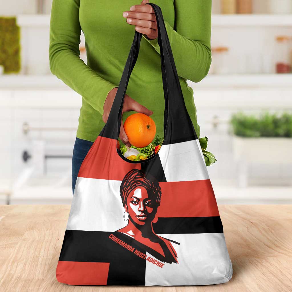 Chimamanda Ngozi Adichie Grocery Bag with Bold Red Portrait, We Should All Be Feminists Quote - Wonder Print Shop