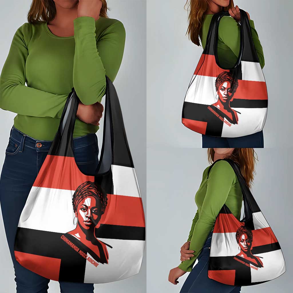 Chimamanda Ngozi Adichie Grocery Bag with Bold Red Portrait, We Should All Be Feminists Quote - Wonder Print Shop