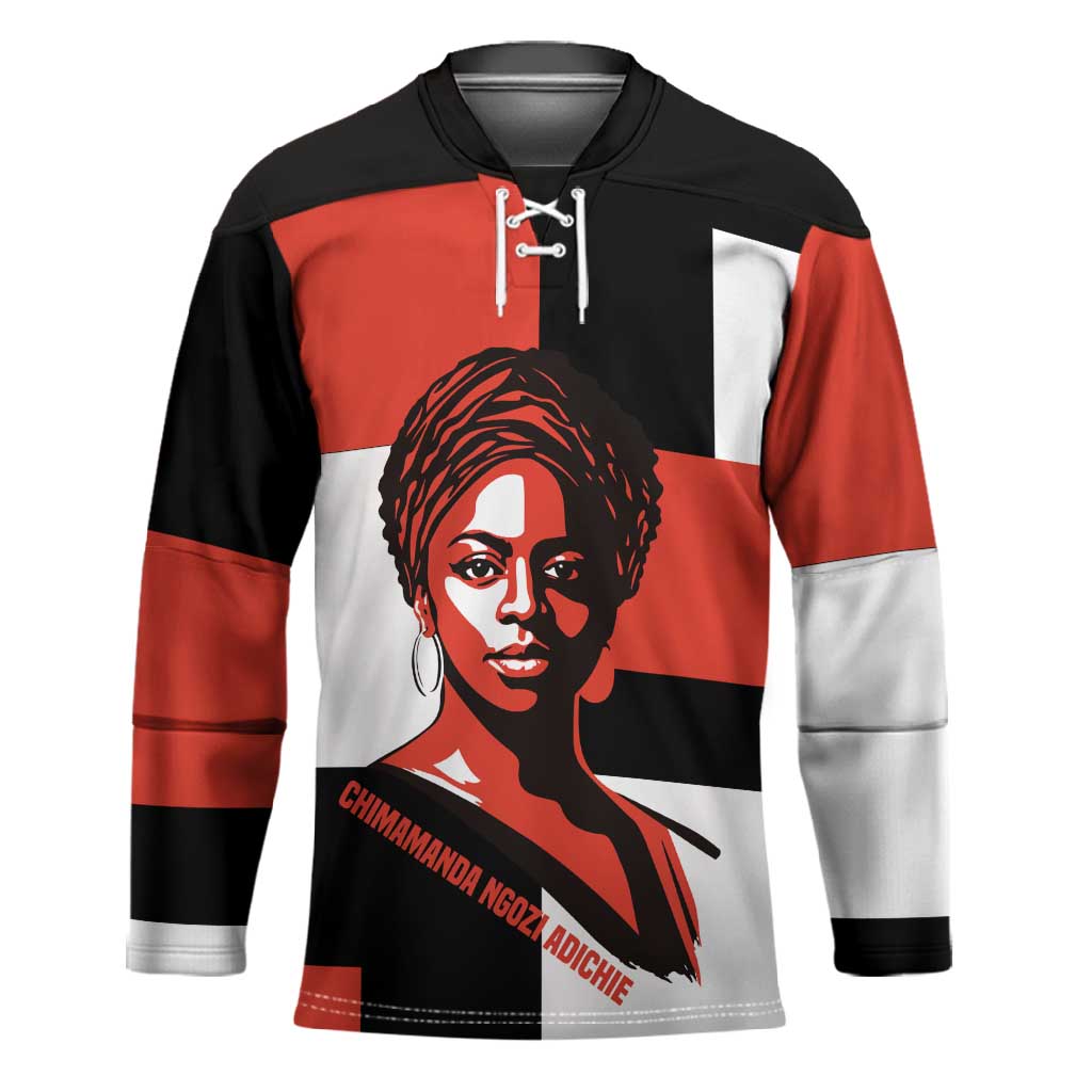 Chimamanda Ngozi Adichie Hockey Jersey with Bold Red Portrait, We Should All Be Feminists Quote - Wonder Print Shop