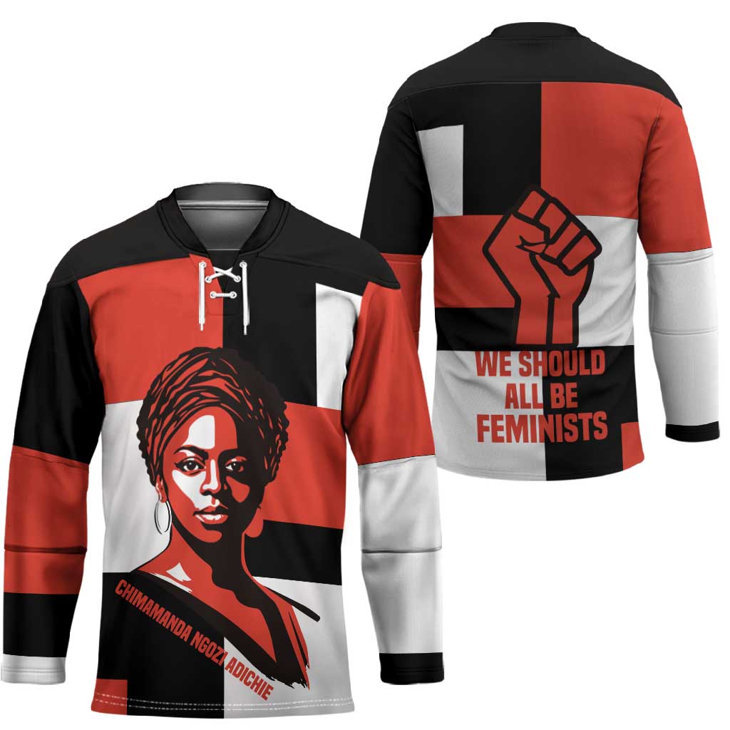 Chimamanda Ngozi Adichie Hockey Jersey with Bold Red Portrait, We Should All Be Feminists Quote - Wonder Print Shop