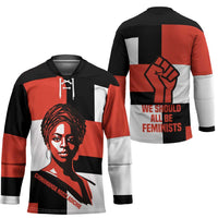 Chimamanda Ngozi Adichie Hockey Jersey with Bold Red Portrait, We Should All Be Feminists Quote - Wonder Print Shop