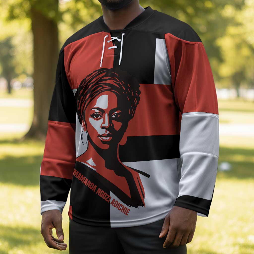 Chimamanda Ngozi Adichie Hockey Jersey with Bold Red Portrait, We Should All Be Feminists Quote - Wonder Print Shop