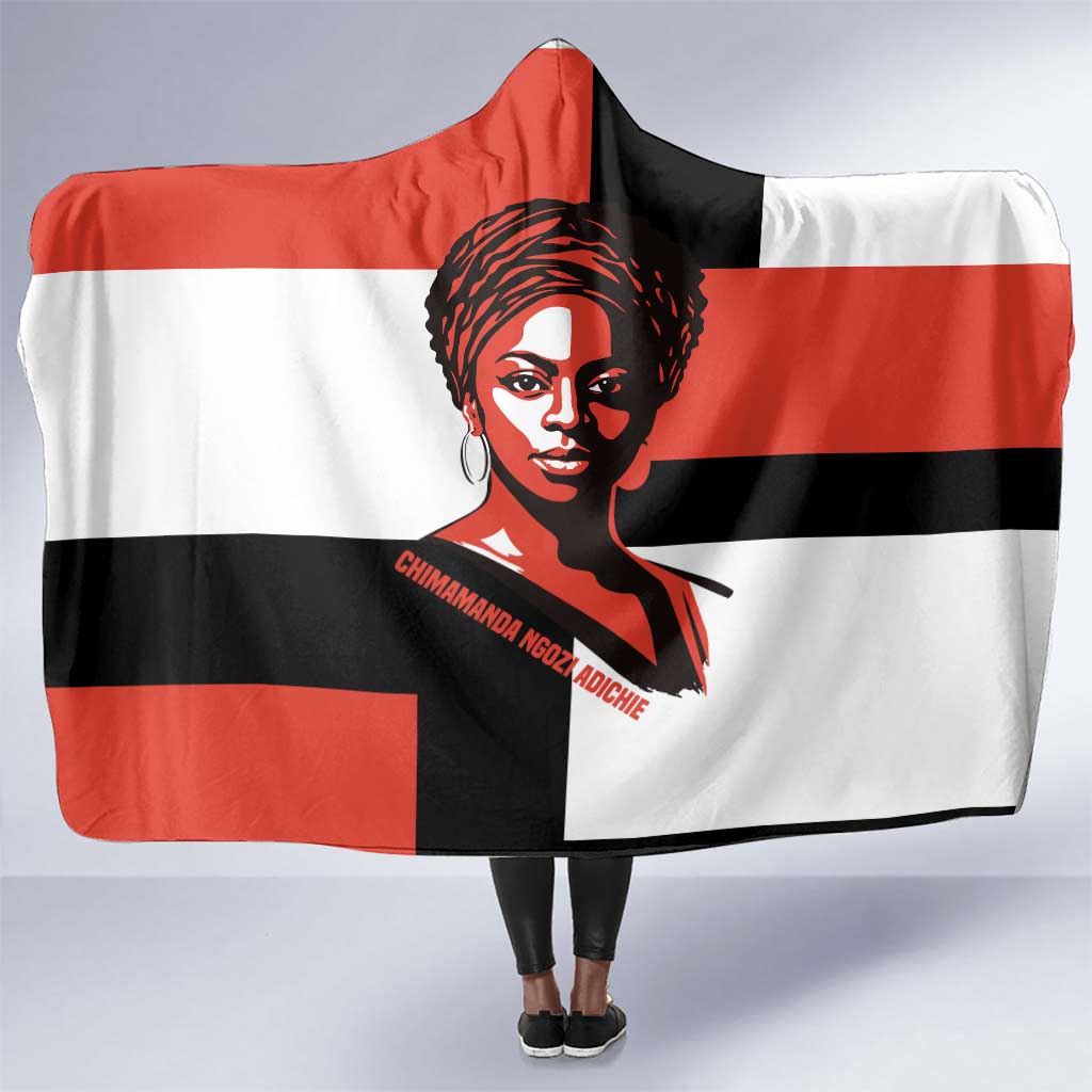 Chimamanda Ngozi Adichie Hooded Blanket with Bold Red Portrait, We Should All Be Feminists Quote - Wonder Print Shop
