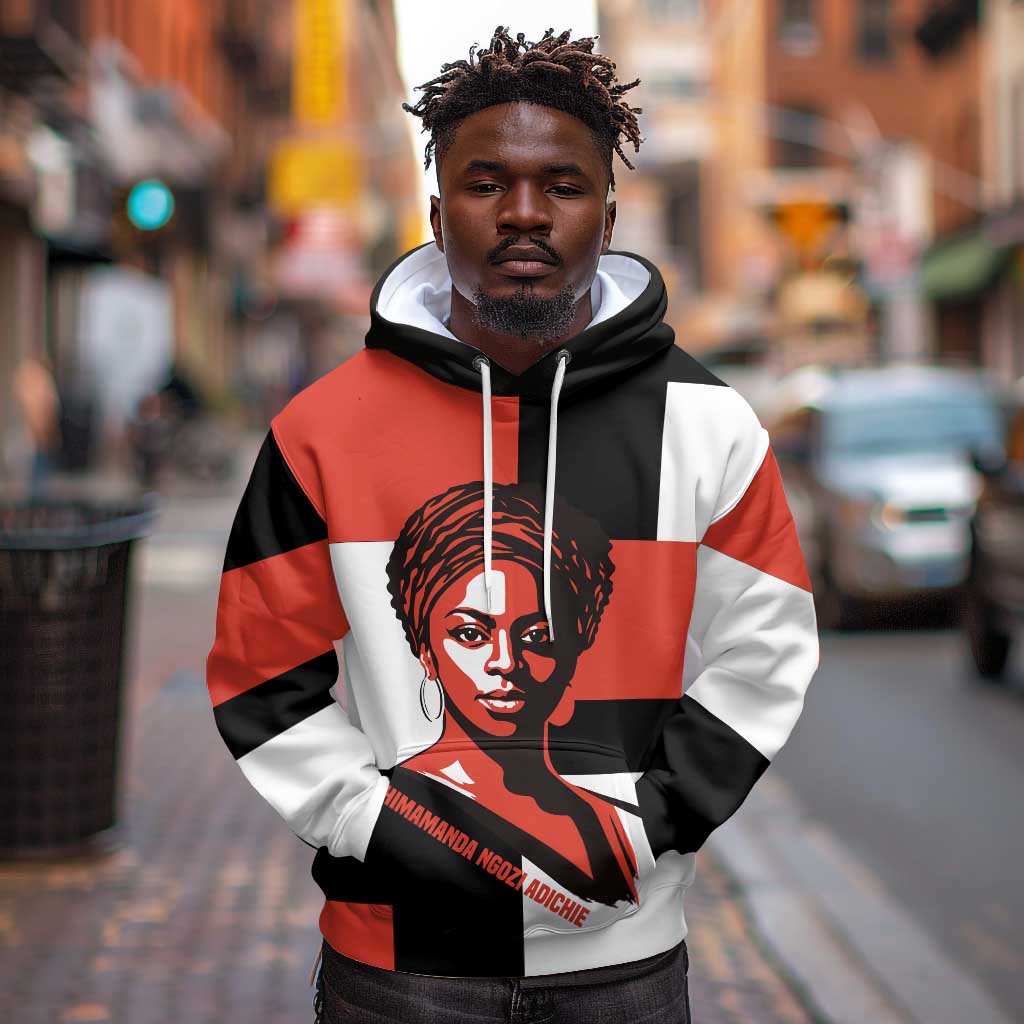 Chimamanda Ngozi Adichie Hoodie with Bold Red Portrait, We Should All Be Feminists Quote - Wonder Print Shop