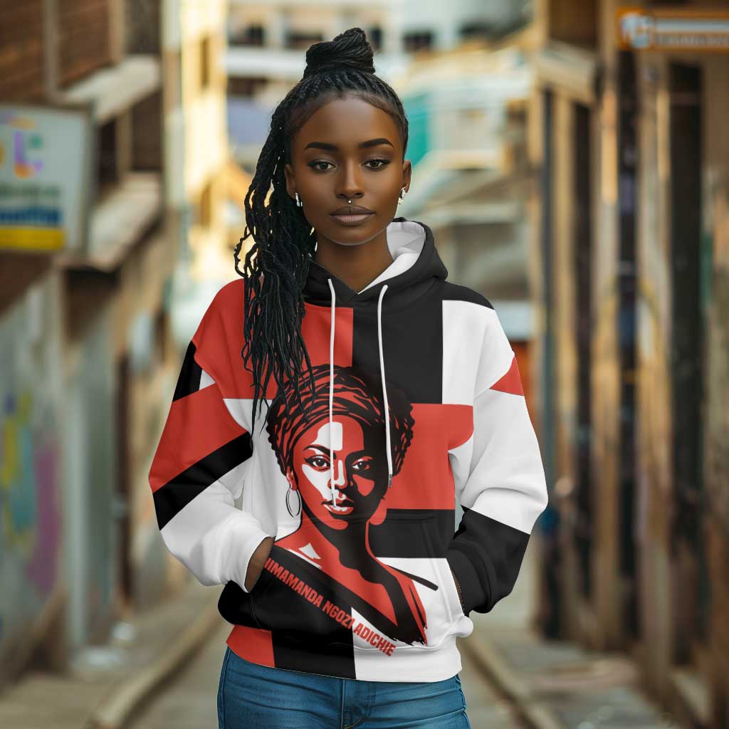 Chimamanda Ngozi Adichie Hoodie with Bold Red Portrait, We Should All Be Feminists Quote - Wonder Print Shop