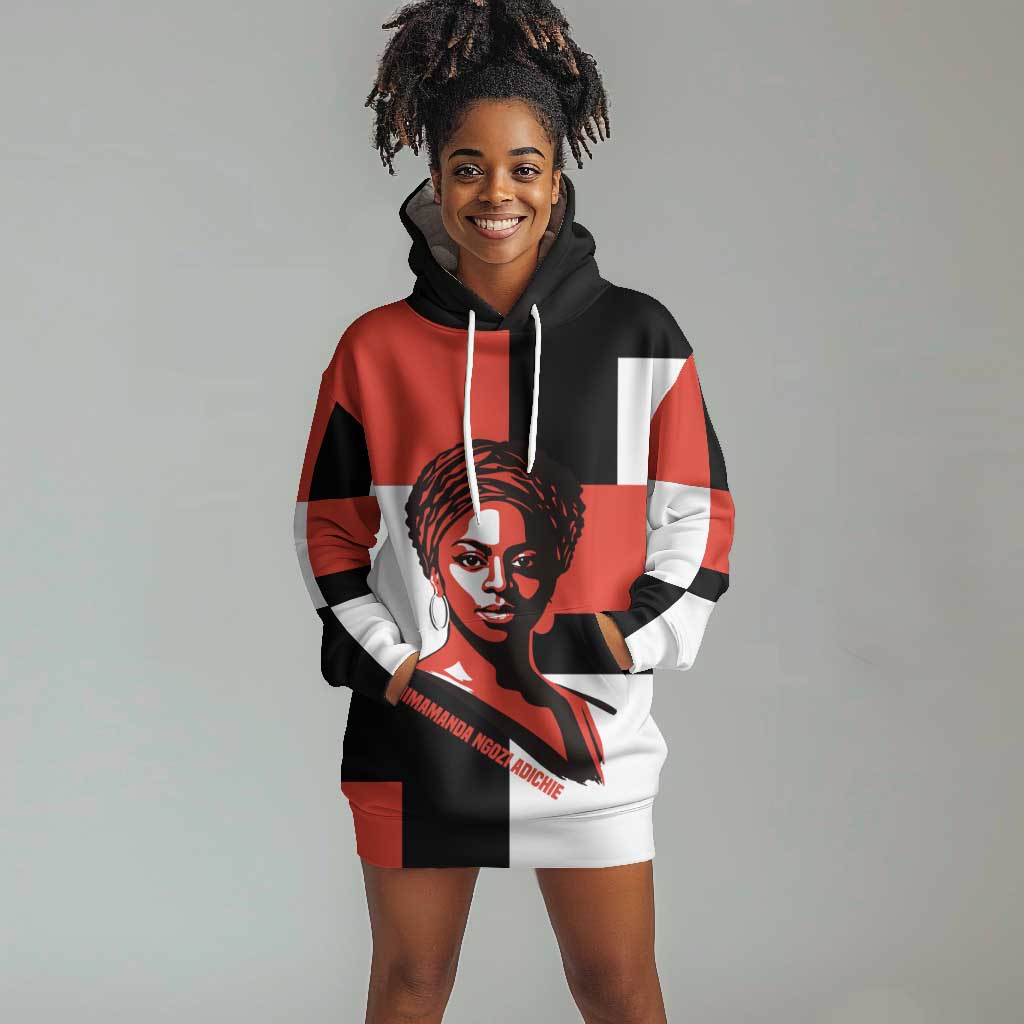 Chimamanda Ngozi Adichie Hoodie Dress with Bold Red Portrait, We Should All Be Feminists Quote - Wonder Print Shop