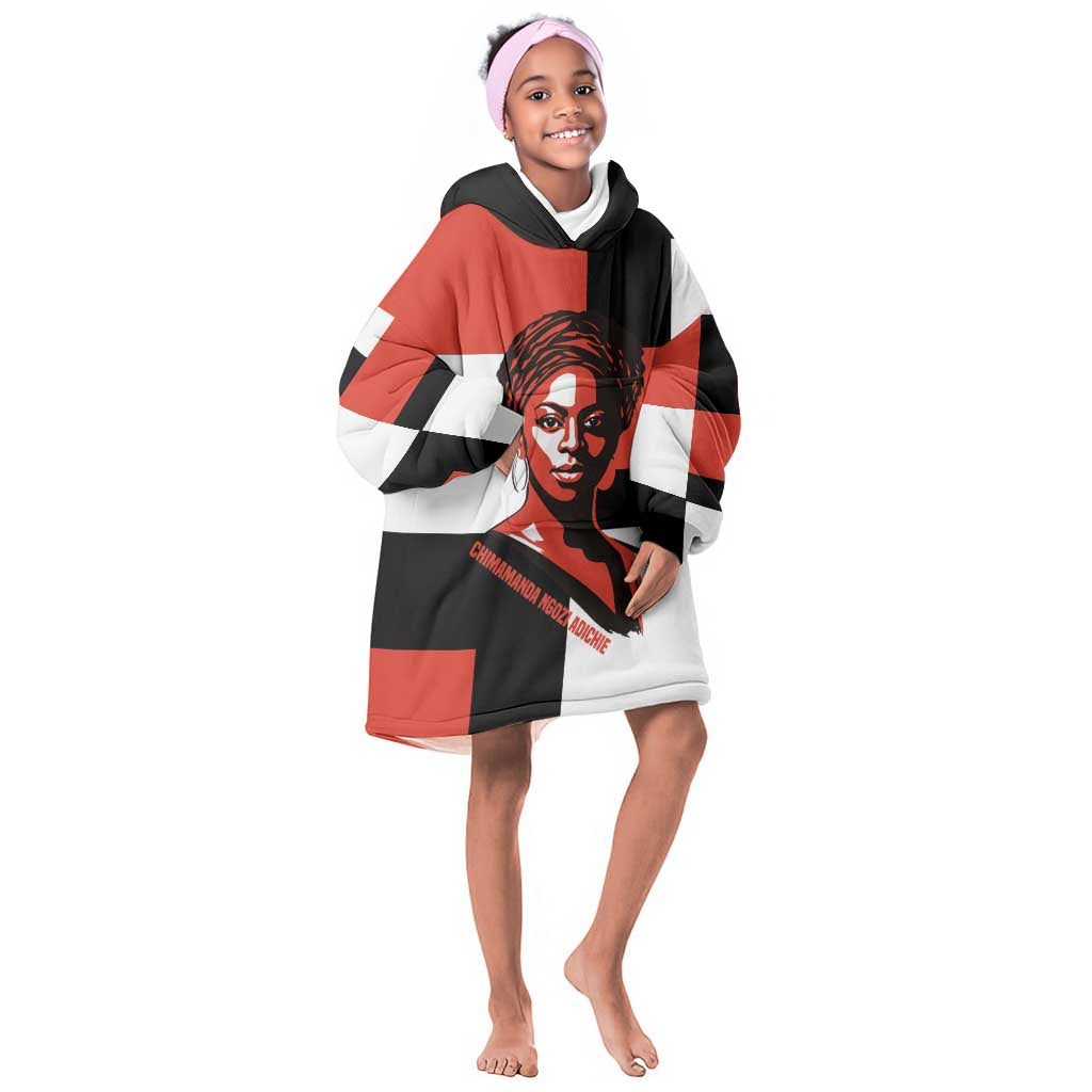 Chimamanda Ngozi Adichie Kid Wearable Blanket Hoodie with Bold Red Portrait, We Should All Be Feminists Quote - Wonder Print Shop