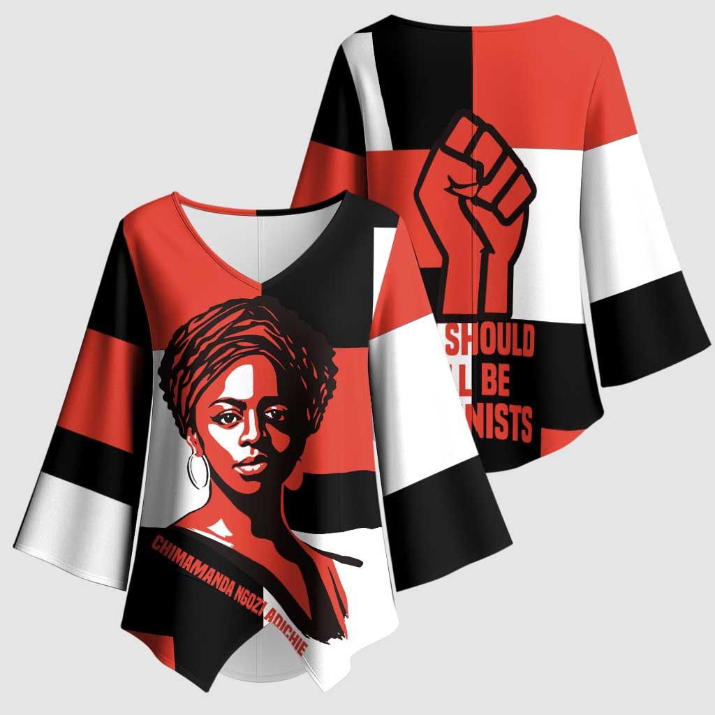 Chimamanda Ngozi Adichie Kimono Sleeve Blouse with Bold Red Portrait, We Should All Be Feminists Quote - Wonder Print Shop