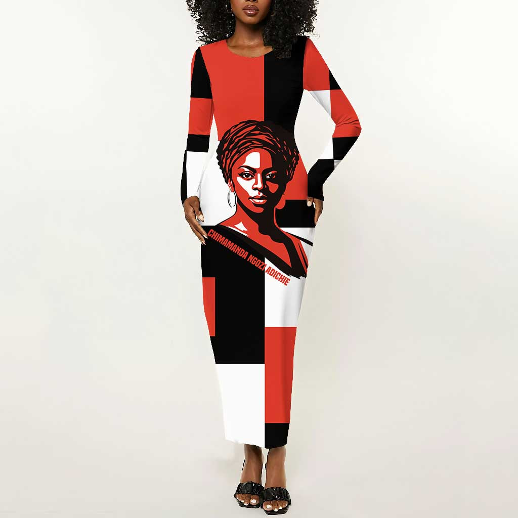 Chimamanda Ngozi Adichie Long Sleeve Bodycon Dress with Bold Red Portrait, We Should All Be Feminists Quote - Wonder Print Shop
