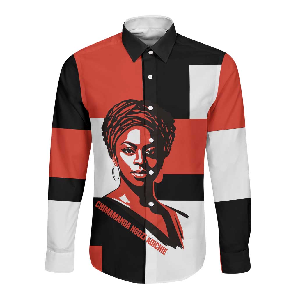 Chimamanda Ngozi Adichie Long Sleeve Button Shirt with Bold Red Portrait, We Should All Be Feminists Quote - Wonder Print Shop