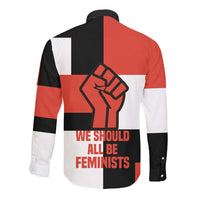 Chimamanda Ngozi Adichie Long Sleeve Button Shirt with Bold Red Portrait, We Should All Be Feminists Quote - Wonder Print Shop