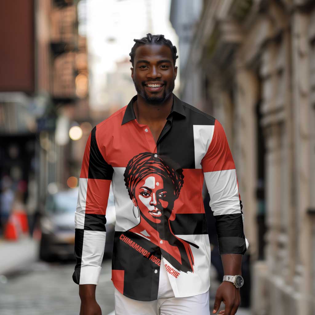 Chimamanda Ngozi Adichie Long Sleeve Button Shirt with Bold Red Portrait, We Should All Be Feminists Quote - Wonder Print Shop