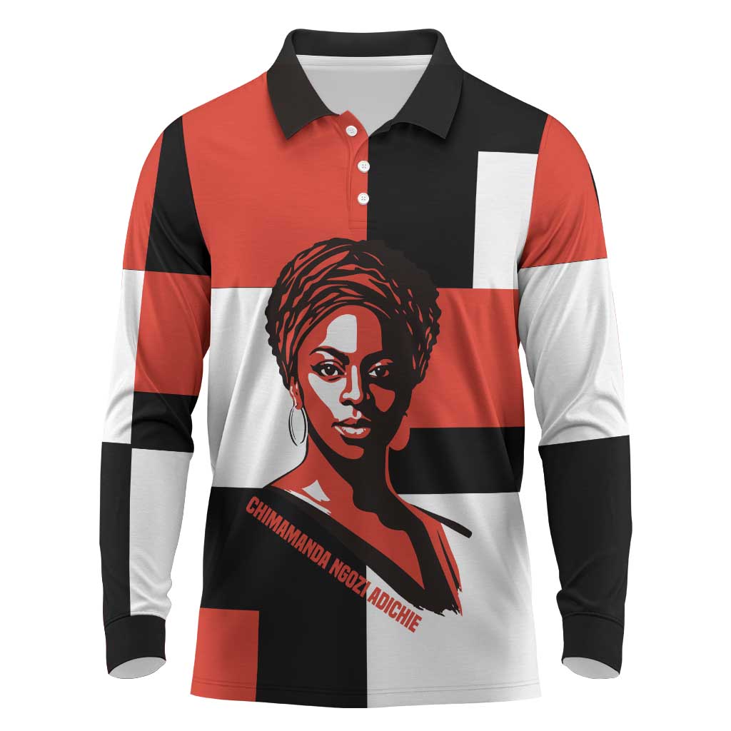 Chimamanda Ngozi Adichie Long Sleeve Polo Shirt with Bold Red Portrait, We Should All Be Feminists Quote - Wonder Print Shop