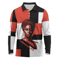 Chimamanda Ngozi Adichie Long Sleeve Polo Shirt with Bold Red Portrait, We Should All Be Feminists Quote - Wonder Print Shop