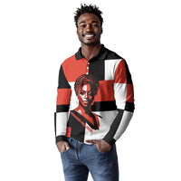 Chimamanda Ngozi Adichie Long Sleeve Polo Shirt with Bold Red Portrait, We Should All Be Feminists Quote - Wonder Print Shop
