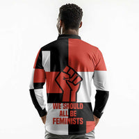 Chimamanda Ngozi Adichie Long Sleeve Polo Shirt with Bold Red Portrait, We Should All Be Feminists Quote - Wonder Print Shop