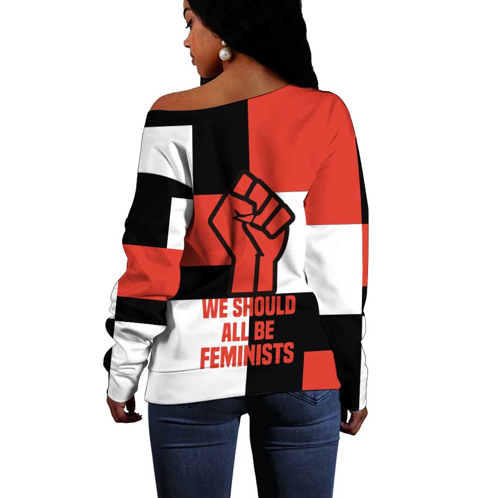 Chimamanda Ngozi Adichie Off Shoulder Sweater with Bold Red Portrait, We Should All Be Feminists Quote - Wonder Print Shop