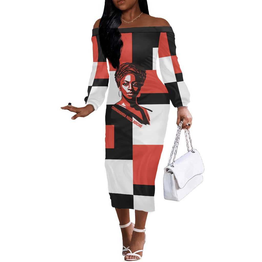 Chimamanda Ngozi Adichie Off The Shoulder Long Sleeve Dress with Bold Red Portrait, We Should All Be Feminists Quote - Wonder Print Shop