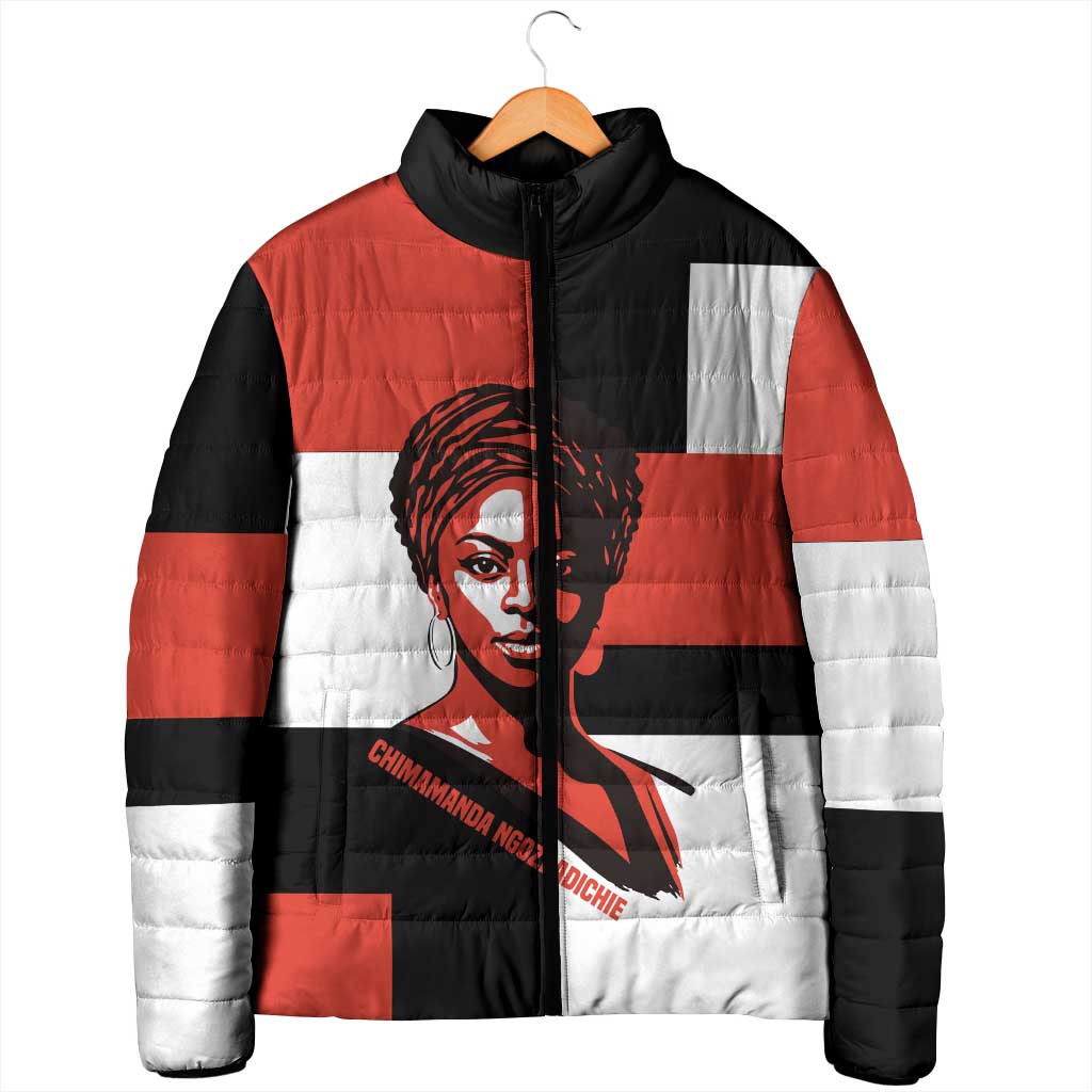 Chimamanda Ngozi Adichie Padded Jacket with Bold Red Portrait, We Should All Be Feminists Quote - Wonder Print Shop