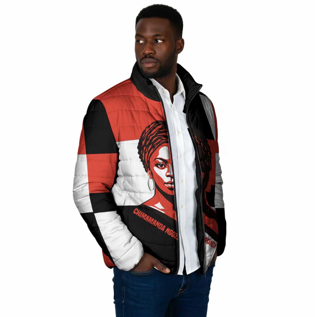 Chimamanda Ngozi Adichie Padded Jacket with Bold Red Portrait, We Should All Be Feminists Quote - Wonder Print Shop
