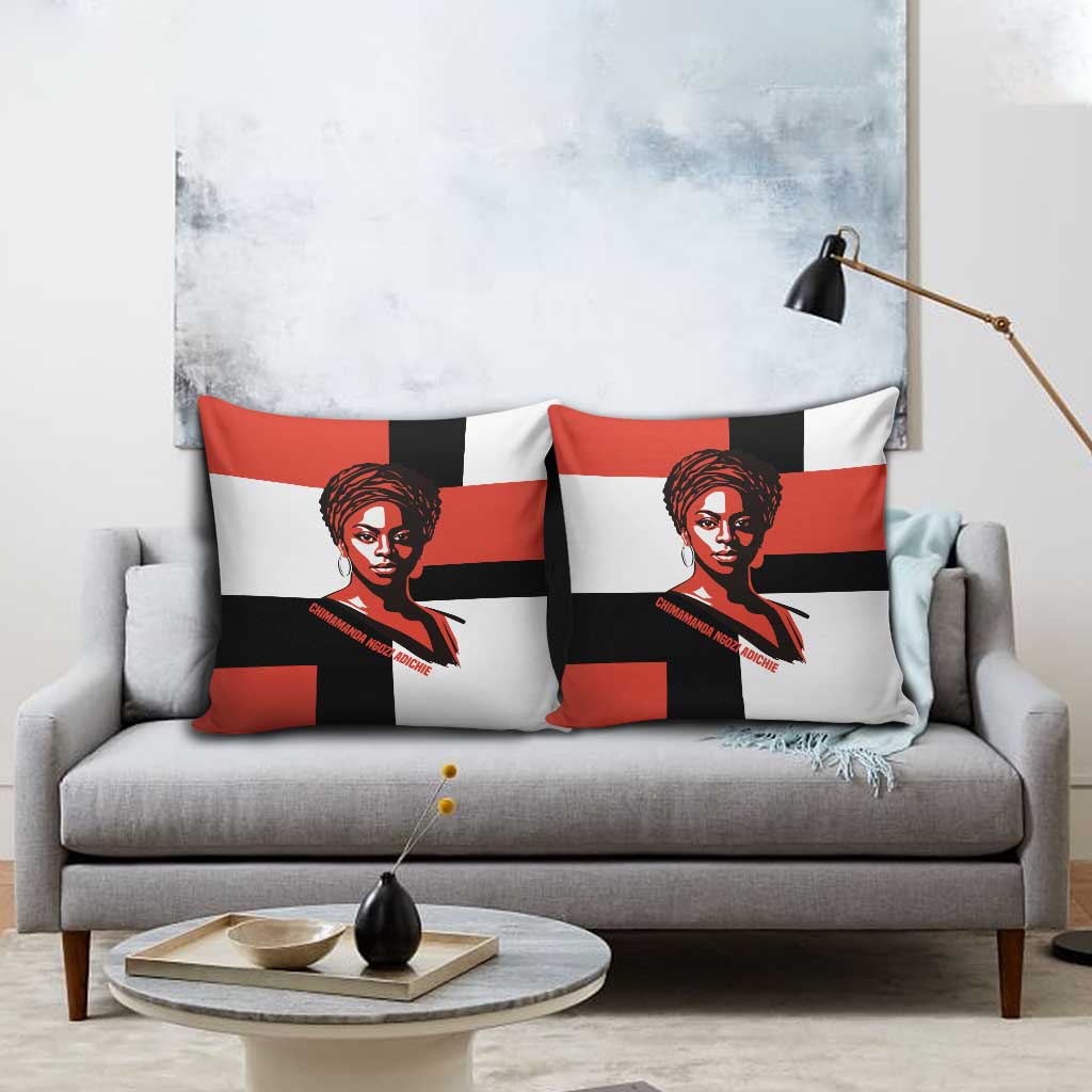 Chimamanda Ngozi Adichie Pillow Cover with Bold Red Portrait, We Should All Be Feminists Quote - Wonder Print Shop