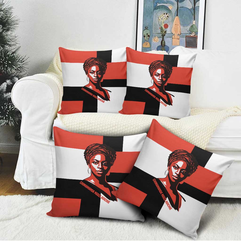 Chimamanda Ngozi Adichie Pillow Cover with Bold Red Portrait, We Should All Be Feminists Quote - Wonder Print Shop