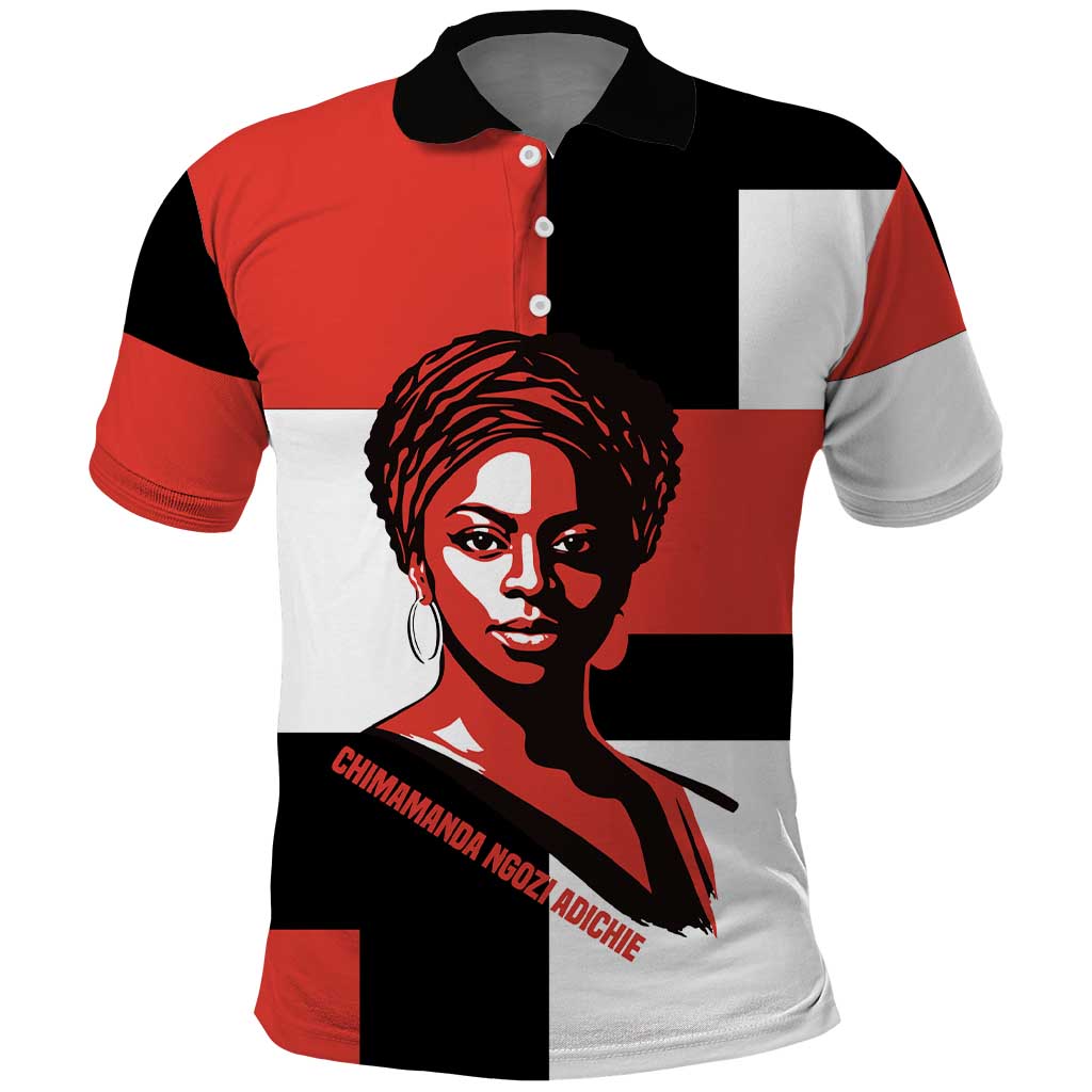 Chimamanda Ngozi Adichie Polo Shirt with Bold Red Portrait, We Should All Be Feminists Quote - Wonder Print Shop